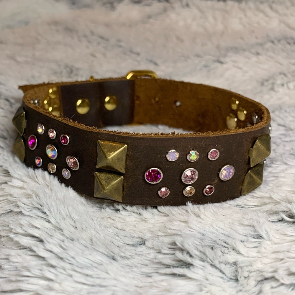 Bling crystal gem handmade leather dog collar
